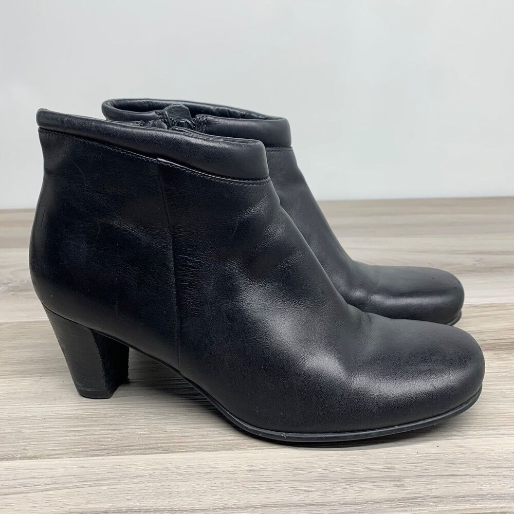 ECCO Womens Black Leather Ankle Boots‎ Block Heels Size EU 38 US 7